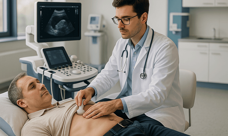 Doctor performing an ultrasound on a patient in a hospital room.