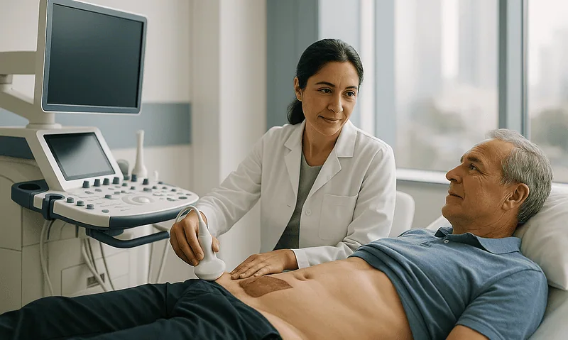Doctor performing an ultrasound exam on a male patient in a hospital room.