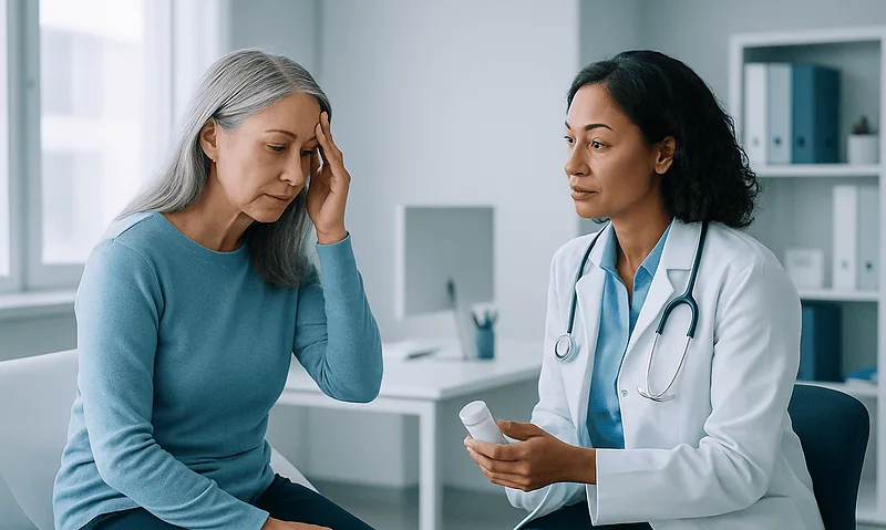 Doctor explaining medication side effects to an elderly woman in a clinic.
