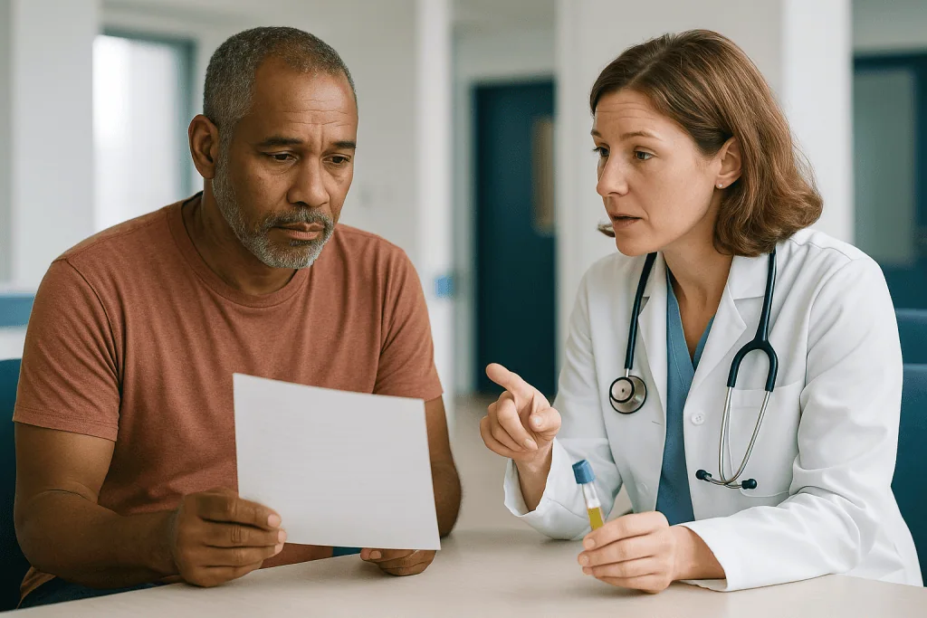 Doctor consulting patient about medical results or diagnosis: Hepatitis C referral to specialist: what happens after a posit