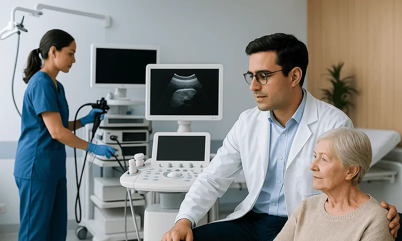 Doctor and nurse with elderly patient in a hospital ultrasound room.