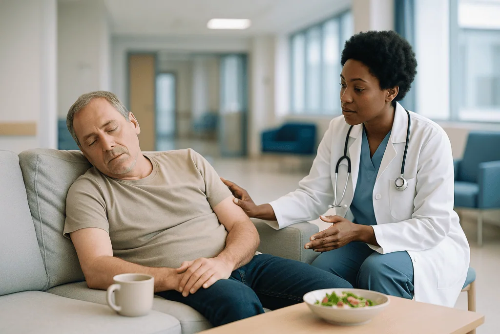 Doctor consulting patient about abdominal pain or symptoms: Hepatitis C treatment fatigue: why it happens and what usually h