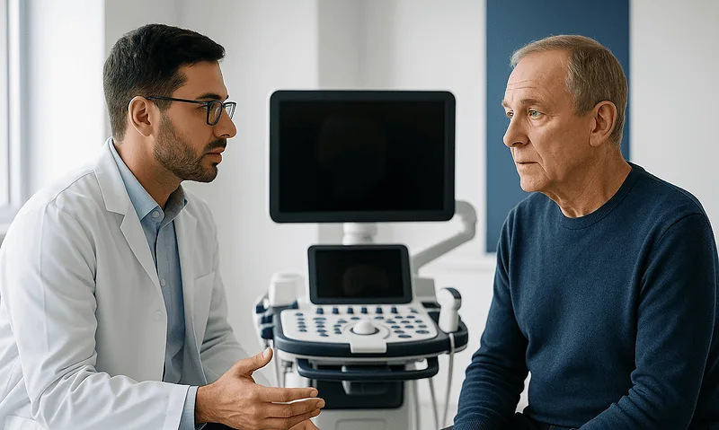 Doctor consulting with patient in medical office with ultrasound machine.