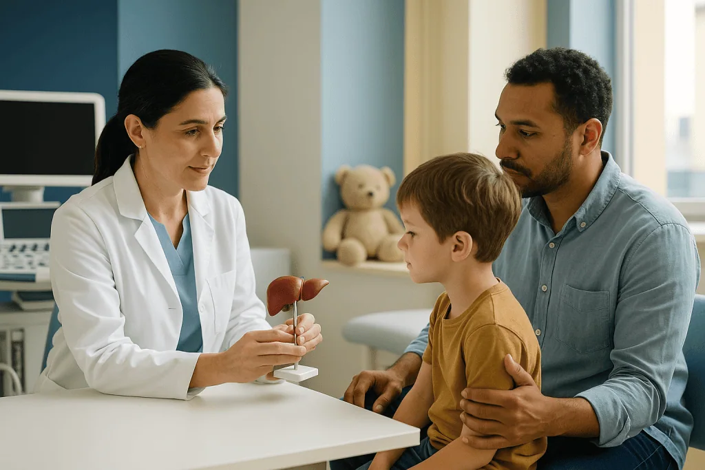 Hepatoblastoma 1 Pediatric consultation at Acibadem Hospital with doctor and parents discussing liver health.