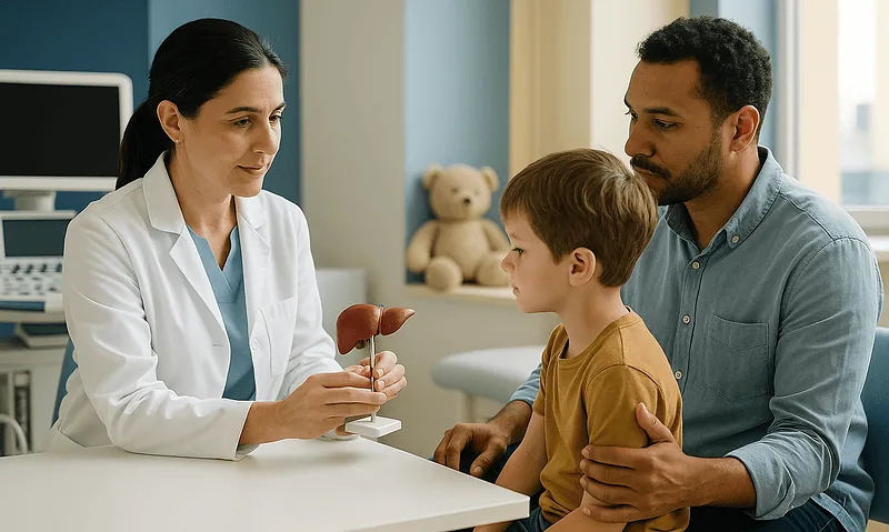 Pediatric consultation at Acibadem Hospital with doctor and parents discussing liver health.
