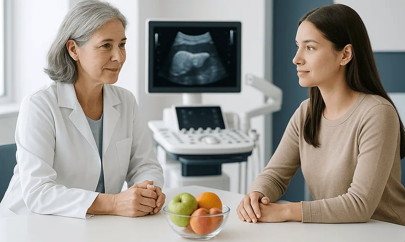 Doctor discussing ultrasound results with a patient in a medical office.