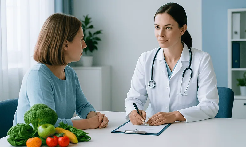 Doctor consulting a patient about liver health and hepatomegaly.