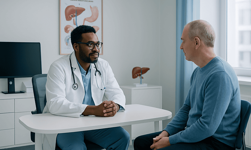 Doctor consulting with a patient in a medical office with anatomical liver diagram.