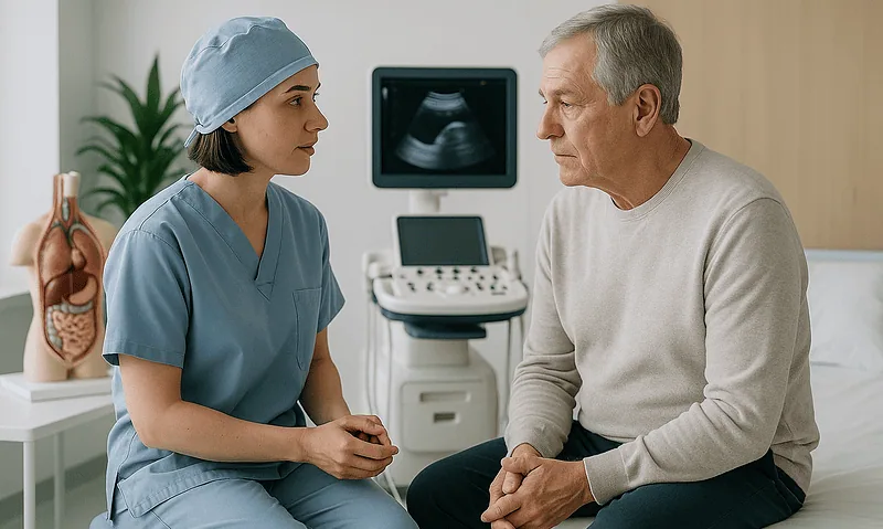 Doctor consulting with a patient in a hospital room with ultrasound equipment.