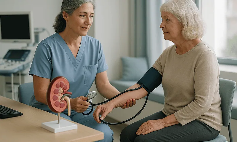Doctor measuring blood pressure of elderly woman in clinic setting.