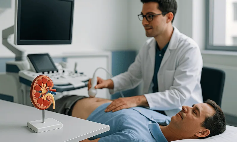Doctor examining a patient with a kidney model in a medical office.
