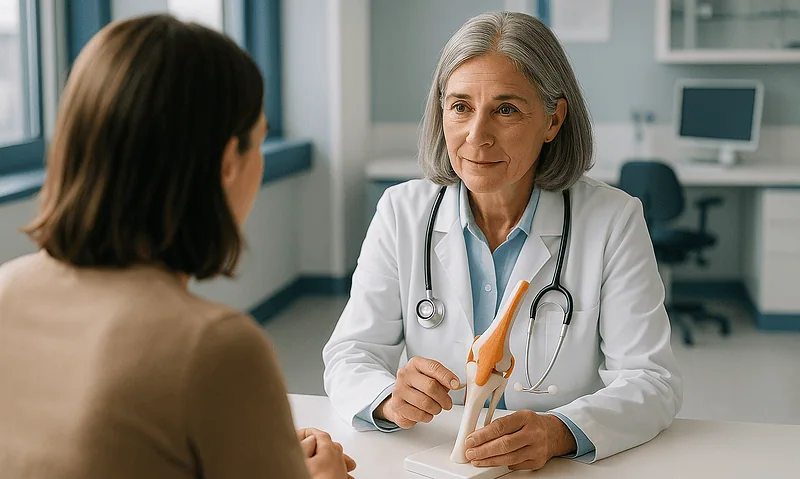Doctor explaining hereditary spastic paraplegia to patient with spinal model.