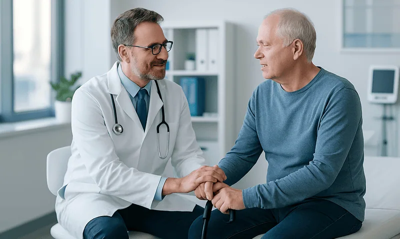 Doctor consulting with an elderly patient in a modern clinic.