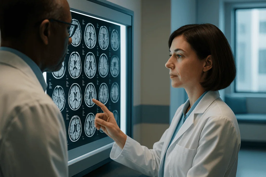 Hereditary Spastic Paraplegia Treatment 1 Doctors analyzing brain MRI scans in a hospital setting.