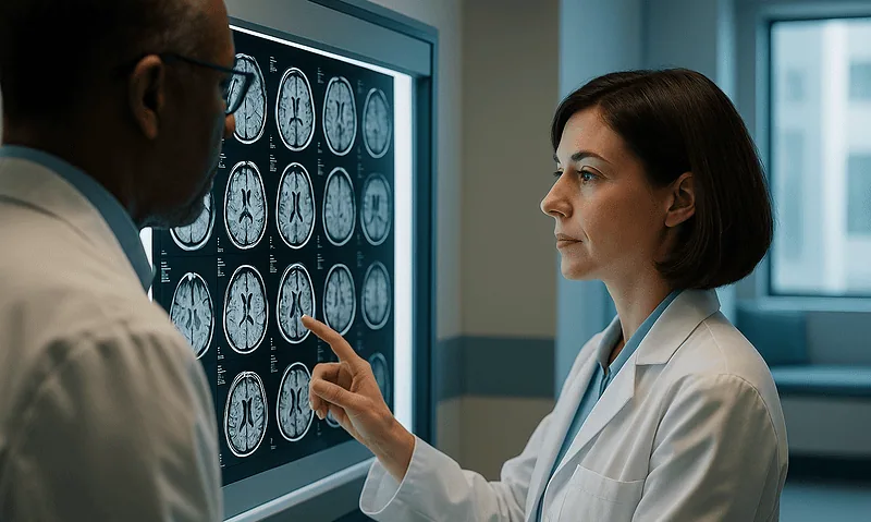Doctors analyzing brain MRI scans in a hospital setting.