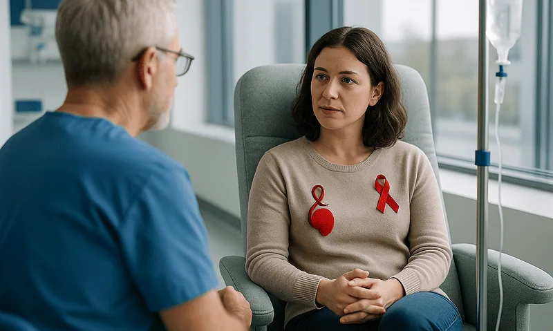 Patient and doctor discussing health in a hospital room with IV drip.
