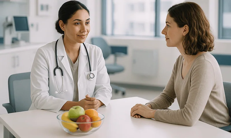Doctor consulting with a patient in a modern hospital setting.