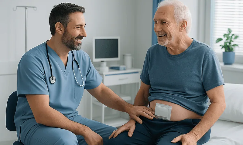Doctor consulting with an elderly patient about hernia treatment options.