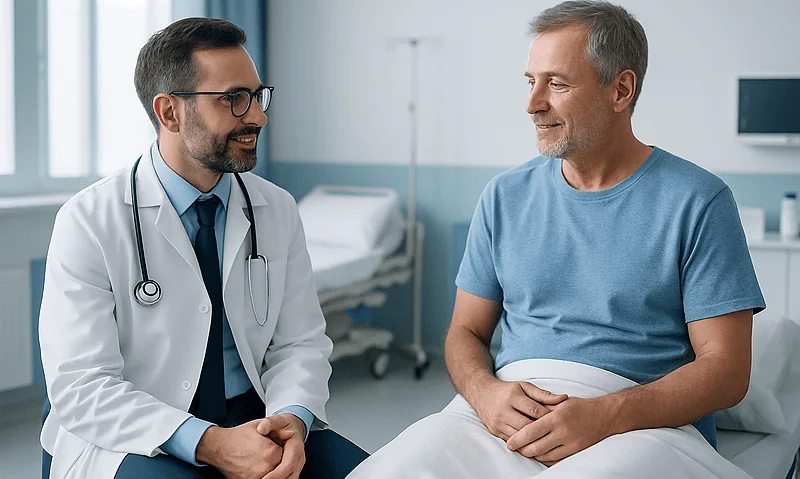 Doctor consulting with a male patient in a hospital room.