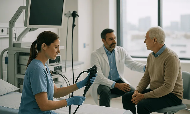 Doctor explaining MRI results to a patient in a hospital room.