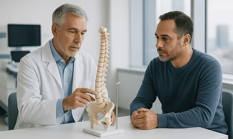 Doctor explaining spinal model to patient in a medical consultation room.