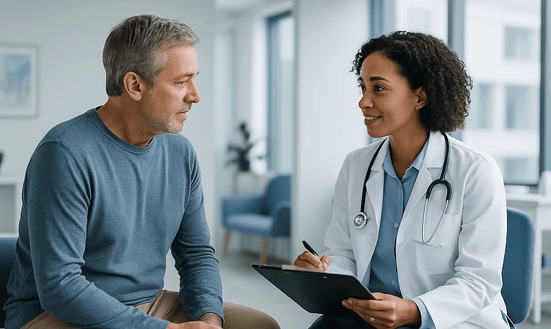 Doctor consulting with a male patient in a modern clinic setting.