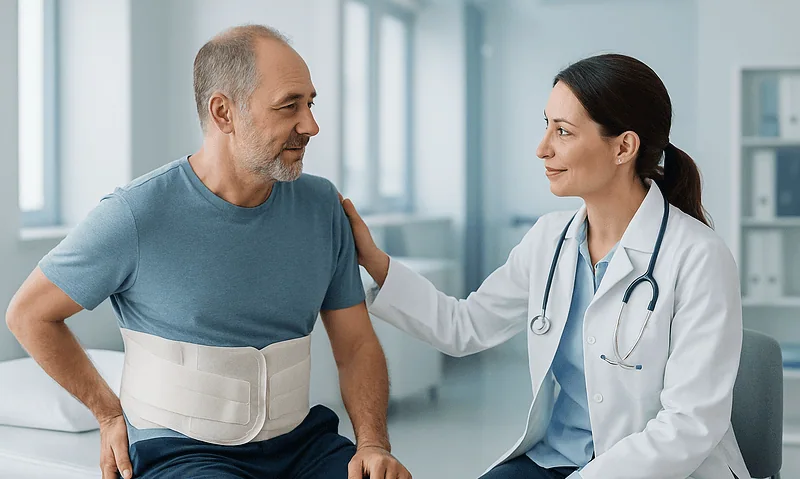 Doctor consulting with a male patient in a hospital setting.