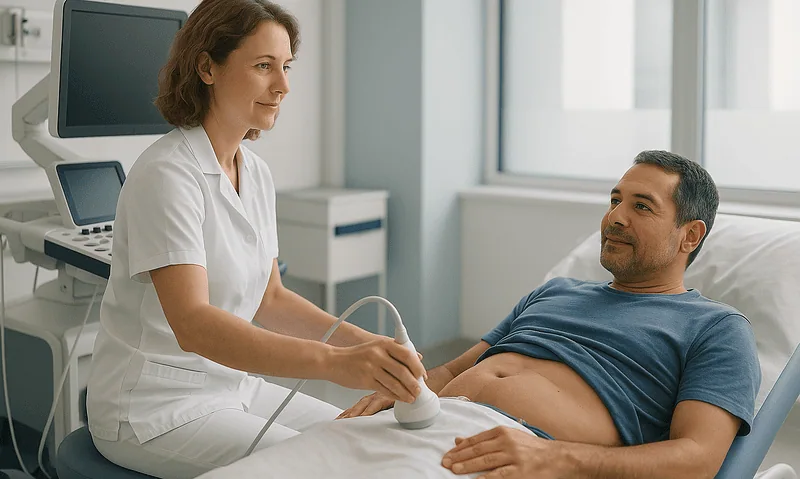 Doctor performing ultrasound exam on male patient in hospital room.