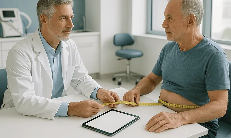 Doctor consulting with an older male patient in a medical office.