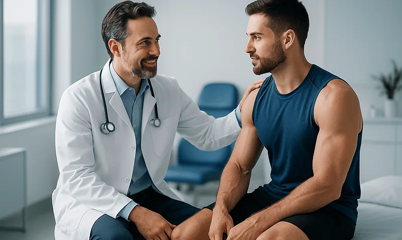 Doctor consulting with a male patient in a medical office.