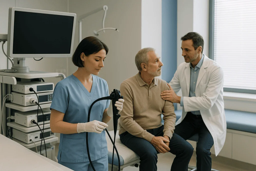 Hiatal Hernia 1 Doctor consulting with elderly patient in hospital room.