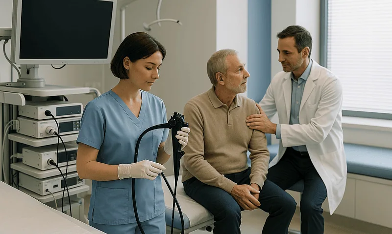 Doctor consulting with elderly patient in hospital room.