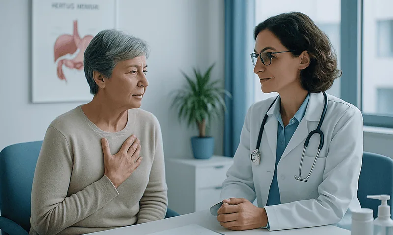 Doctor consulting with an elderly woman about her health in a medical office.