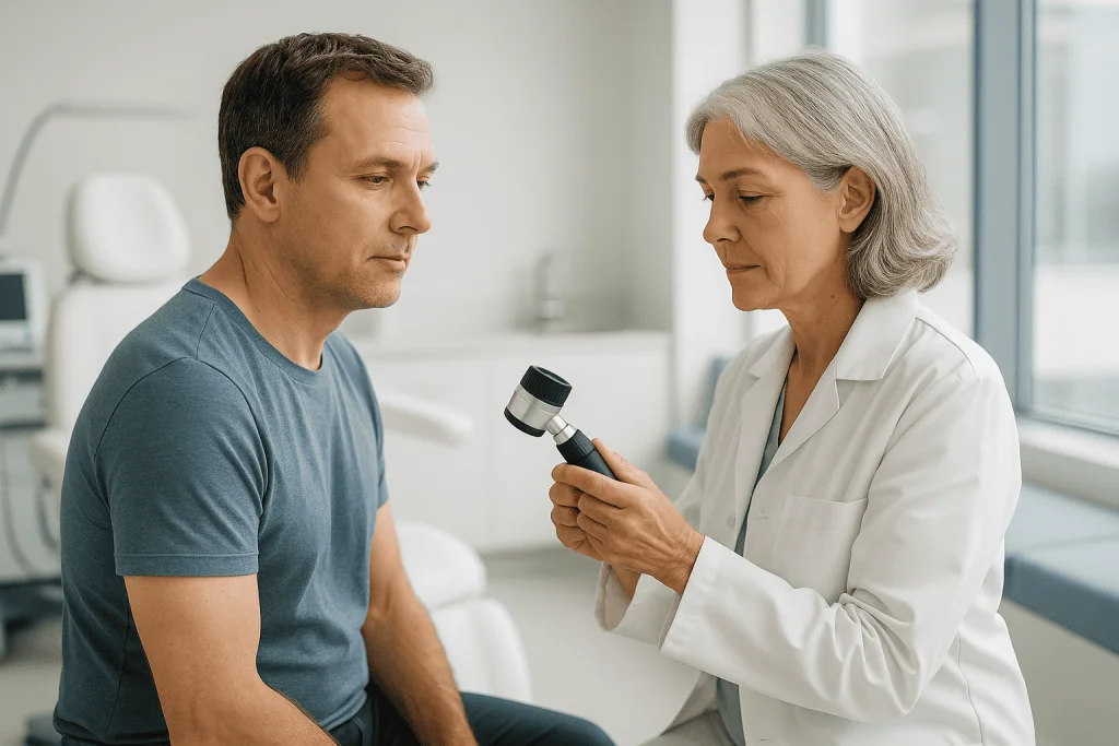 Hidradenitis Suppurativa 1 Doctor examining patient with medical device in a clinical setting.