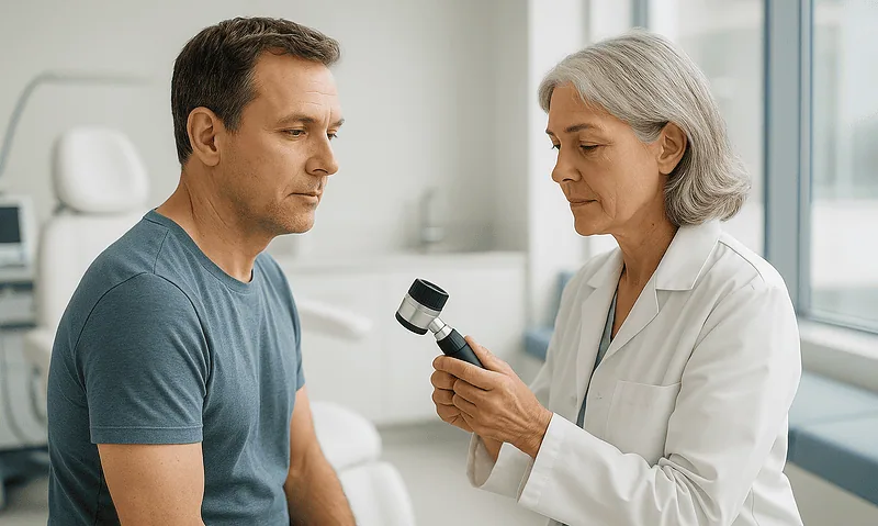 Doctor examining patient with medical device in a clinical setting.