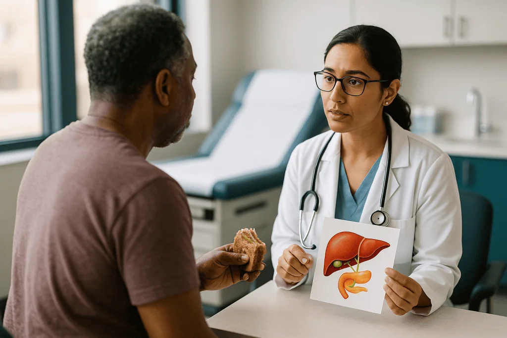 Doctor consulting patient while holding anatomical organ diagram: High Bilirubin Causes: Three Places Things Can Go Wrong