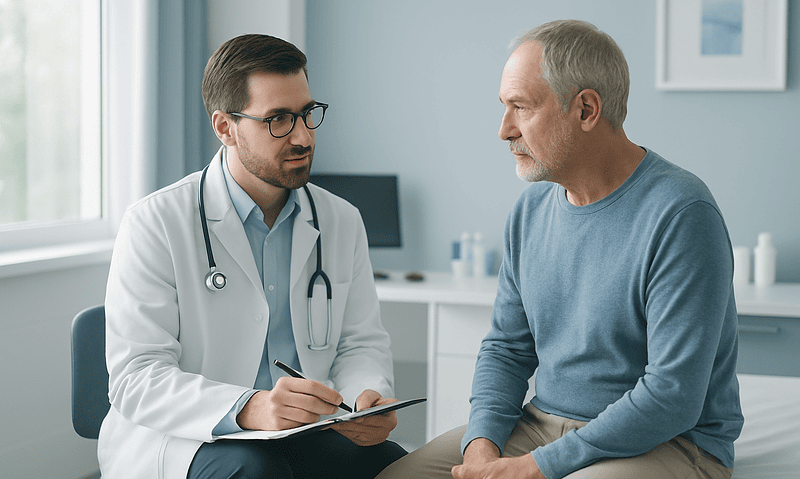 Doctor consulting with an older male patient in a medical office.