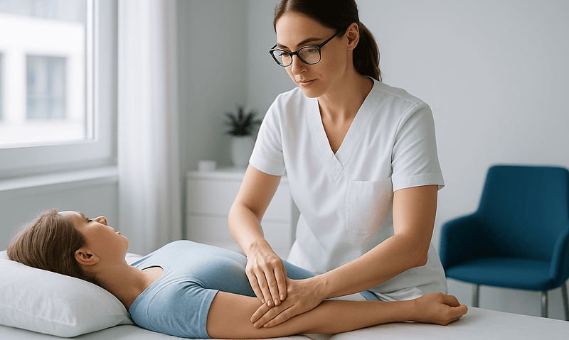 Healthcare professional examining a young girl in a medical clinic.