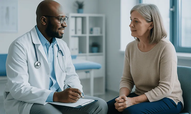 Doctor consulting with an elderly female patient in a medical office.