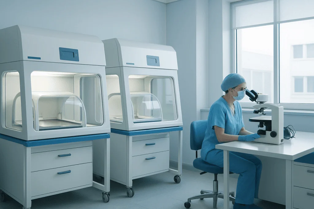 High-Risk Pregnancy 1 Laboratory technician examining samples with microscopes in a modern medical lab.