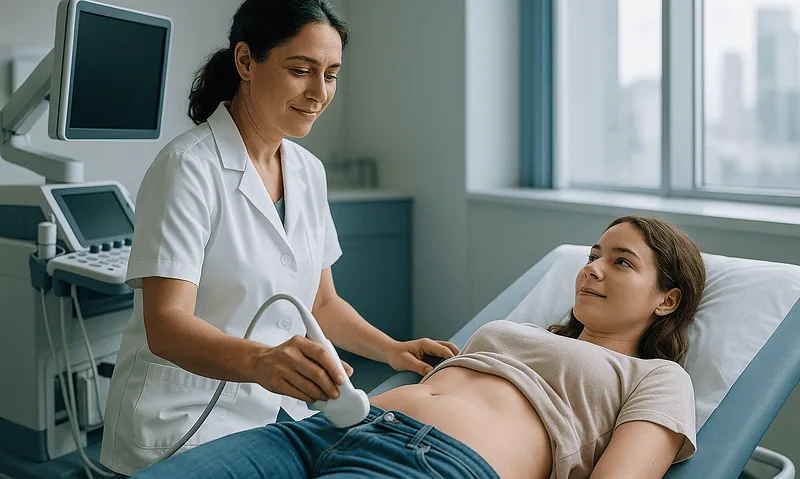 Doctor performing ultrasound on pregnant woman in hospital room.