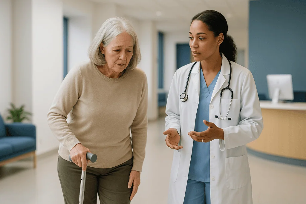 Doctor consulting elderly patient with mobility aid in corridor: High-turnover, low-turnover and mixed bone disease: why the