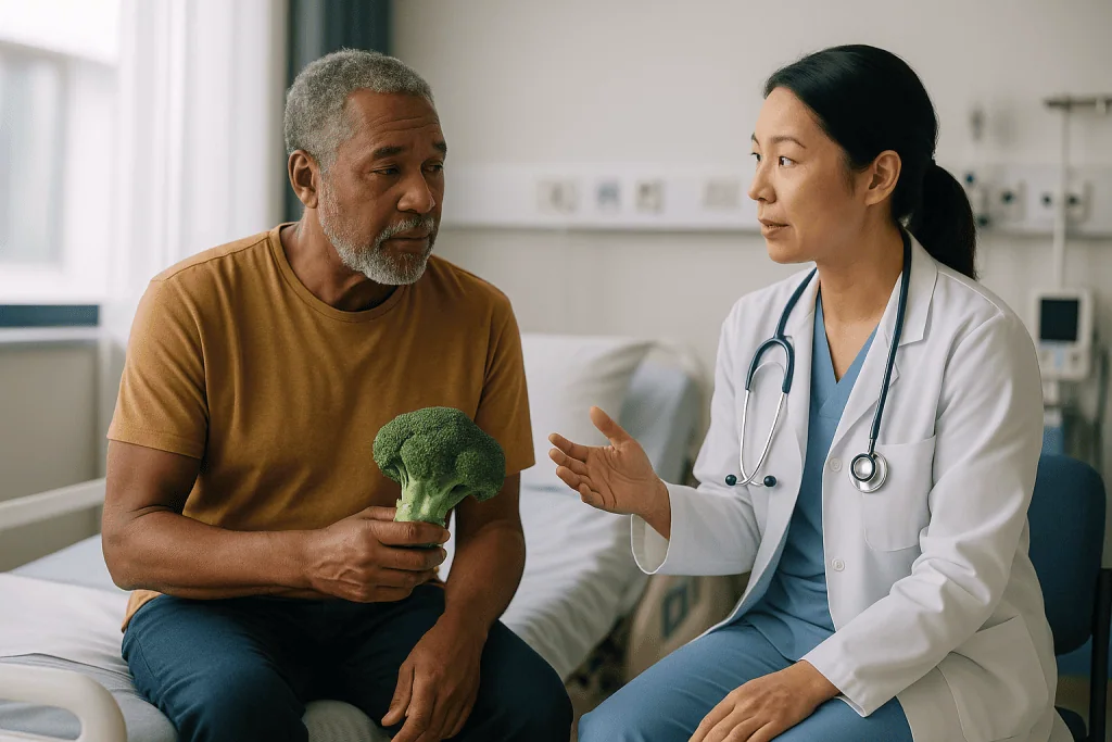 Doctor consulting patient holding broccoli in clinic: High-turnover vs low-turnover bone: why the type changes the treatment