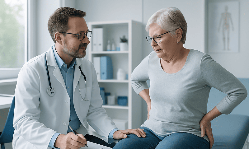 Doctor consulting with elderly woman about hip pain in a medical office.