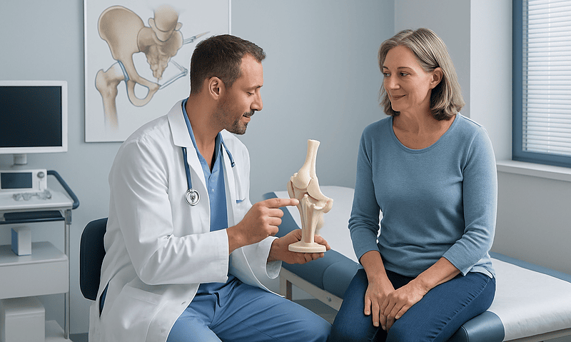 Orthopedic doctor explaining hip anatomy to a patient in a clinic.