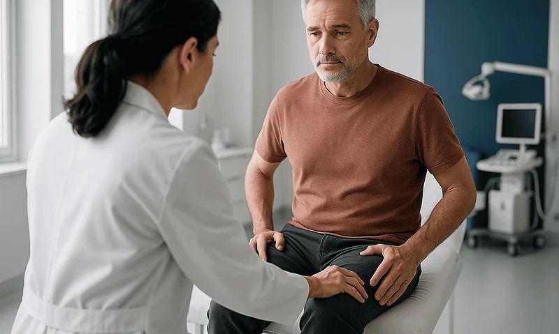 Doctor consulting with a middle-aged male patient in a medical office.