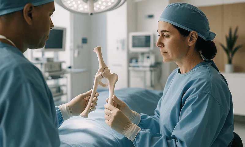 Surgeons discussing hip anatomy during a medical consultation at Acibadem Hospital.