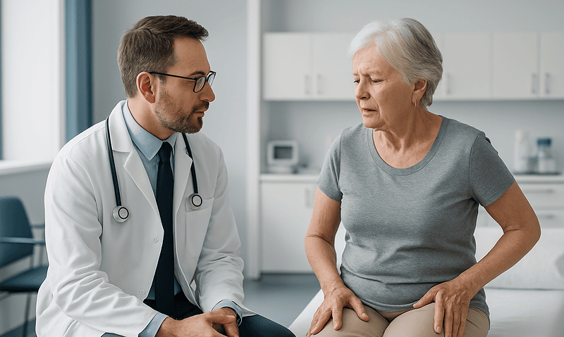 Doctor consulting with elderly woman in medical office.
