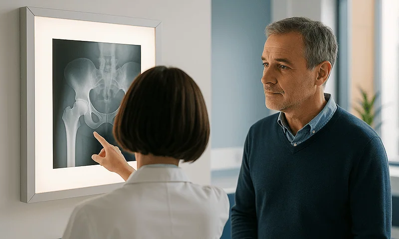 Doctor explaining hip X-ray to patient in a hospital setting.