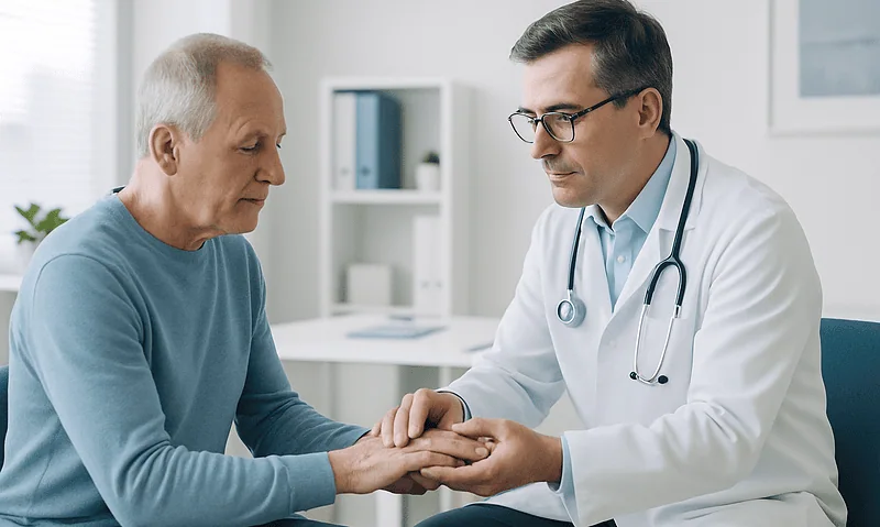 Doctor examining elderly patient's hand in a medical consultation.